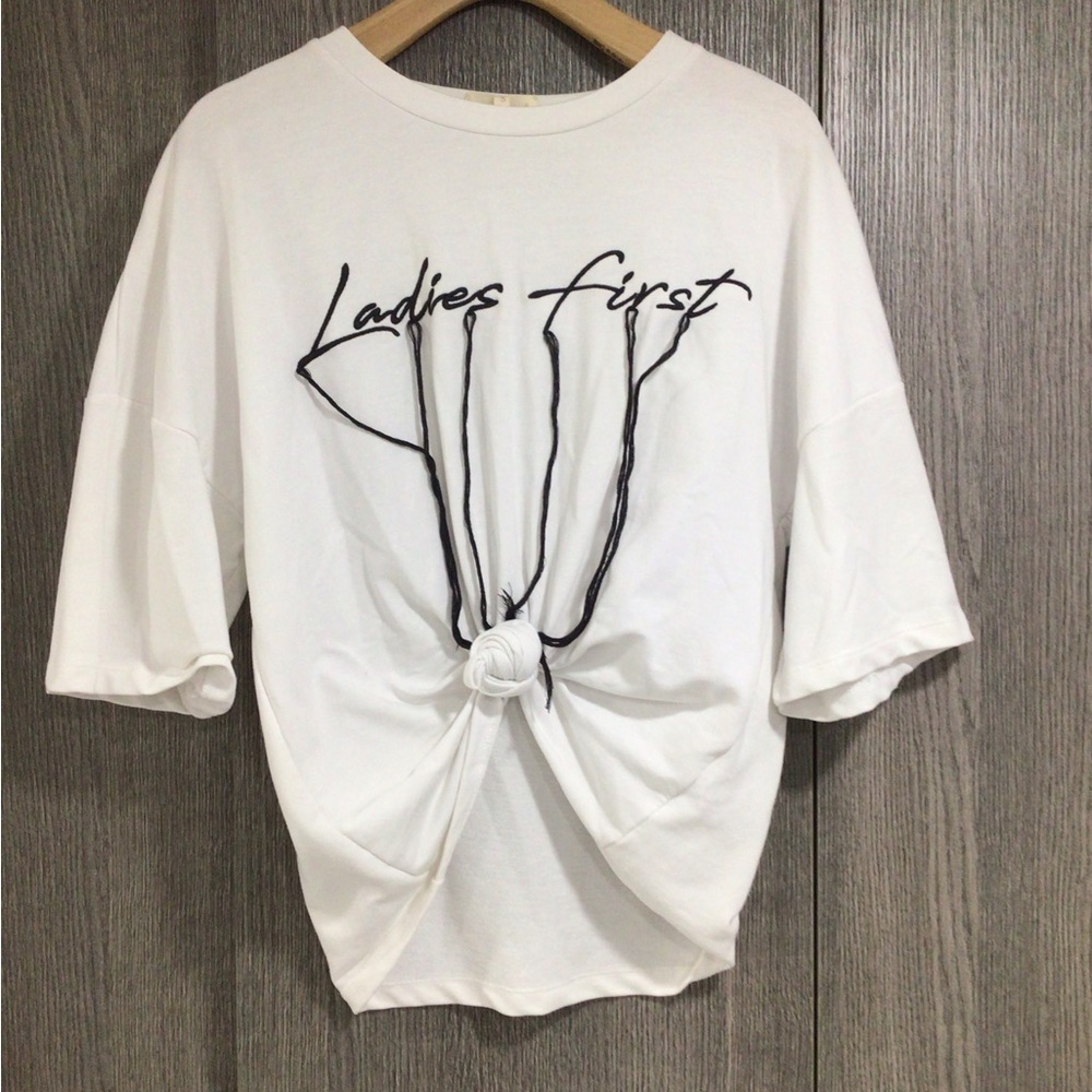 Ladies First White Knot-Front Short Sleeve Tee
